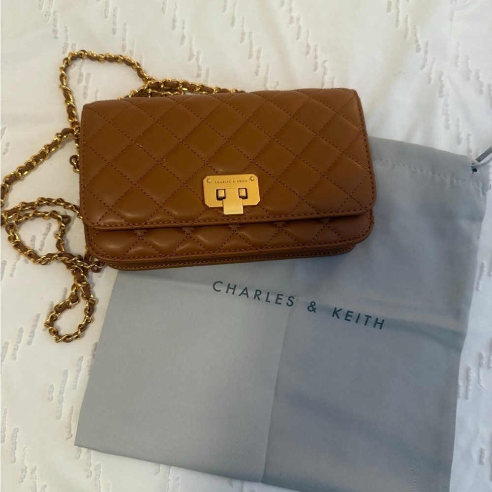 Charles & Keith Brown Quilted Crossbody Bag